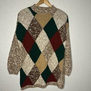 Vintage 90s Y2K Sweater Size 18W Shoulder Pads Argyle Brown Tan Fall Grandma
